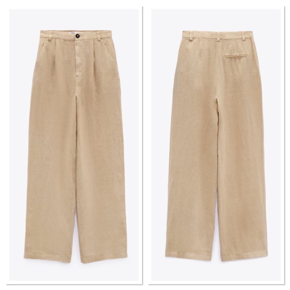 NWT Zara High-Waisted Pleated Wide Leg Linen Pants In Sand Sz:L - Picture 3 of 7